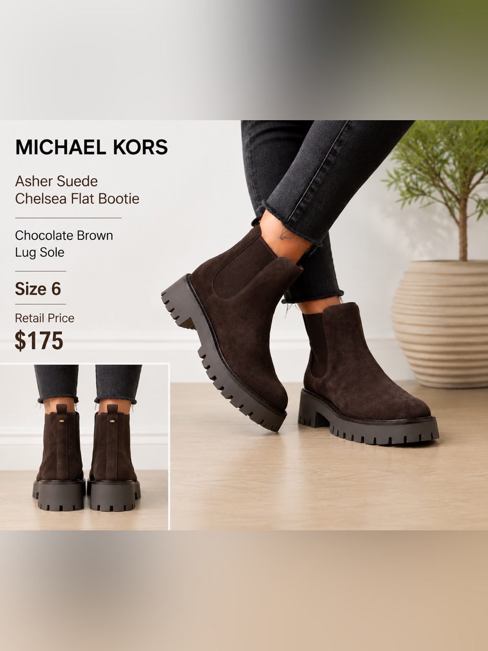 MICHAEL KORS Asher Suede Chelsea Flat
Bootie Chocolate Brown Lug Sole Size 6 NIB